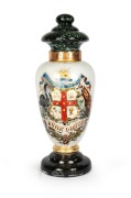 "ADVANCE AUSTRALIA, PURE DRUGS" antique English apothecary specie jar with reverse glass decoration and mottled green lid, 19th century, 66cm high.