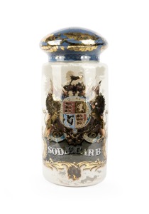 MAW & Co. of London, antique English glass apothecary specie jar, decorated with coat of arms and emblazoned "SODAE. CARB.", 19th century, 64cm high, 27cm diameter.