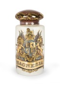 MAW & Co. of London, antique English glass apothecary specie jar, decorated with coat of arms and emblazoned "MAGNESIA", 19th century, 57cm high, 25cm diameter.