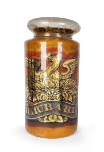 Antique English apothecary specie jar with phoenix decoration on mustard ground, emblazoned "RHUBARB", 19th century, 75cm high, 37cm diameter.