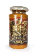 Antique English apothecary specie jar with phoenix decoration on mustard ground, emblazoned "RHUBARB", 19th century, 75cm high, 37cm diameter.