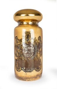 Antique English glass apothecary specie jar with pharmaceutical vignette and gilt decoration (sadly rubbed), 19th century, 82cm high, 33cm diameter.