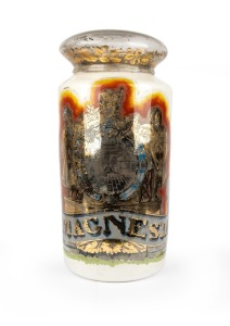 "MAGNESIA" antique English glass apothecary specie jar with reverse glass decoration and pharmaceutical vignette, 19th century, 74cm high, 34cm diameter.