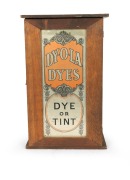 DY-O-LA DYES, DYE OR TINT vintage point of sale countertop pharmacy cabinet with contents, early to mid 20th century, 44cm high.