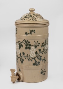 DOULTON BURSLEM antique English stoneware water filter with rare floral slip glaze decoration, original insert and liner, 19th century, 42cm high.