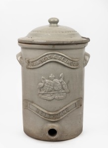 BENDIGO POTTERY water filter, emblazoned with the Australian coat of arms and "Chambers & Seymour, Melbourne", 19th/20th century, 43cm high.