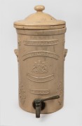 DOULTON & Co. MORRIS'S PATENT antique English pottery water filter with sprig moulded decoration and English coat of arms, 19th century, 41cm high.