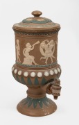 DOULTON LAMBETH SILICON antique English pottery water filter with sprig moulded decoration, 19th century, factory mark to base, 36cm high.