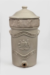 BENDIGO POTTERY "JAS. McEWAN & Co. Ltd., MELBOURNE" antique water filter with stone insert and lid, 19th/20th century, 50cm high.