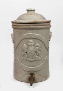 IMPERIAL FILTER antique English pottery water filter with original liner and lid, 19th century, 44cm high.