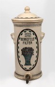 BERKEFELD antique German pottery water filter with liner and lid and incised decoration, 19th/20th century, ​​​​​​​48cm high.