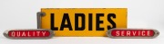 "LADIES" double sided vintage enamel sign with wall mount bracket, together with a pair vintage glass "SERVICE" and "QUALITY" instore signs in metal mounts, (3 items), ​​​​​​​39cm and 22.5cm wide.