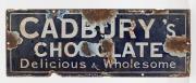 "CADBURY'S CHOCOLATE - DELICIOUS & WHOLESOME" antique enamel advertising sign; together with a "CADBURY'S COCOA IS ABSOLUTELY PURE" antique enamel advertising sign, (2 items), 16.5 x 44.5cm each.