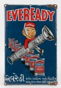 "EVEREADY" pair of vintage enamel advertising sign with convex fronts, made for the Indian market, 45 x 30cm each overall.