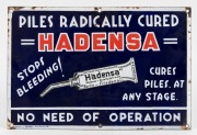 "HADENSA - PILES RADICALLY CURED" vintage enamel advertising sign, 30.5 x 45.5cm.