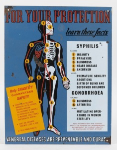 "FOR YOUR PROTECTION - LEARN THE FACTS - SYPHILIS, GONORRHEA...." vintage enamel sign, 20th century, ​​​​​​​46 x 35.5cm overall