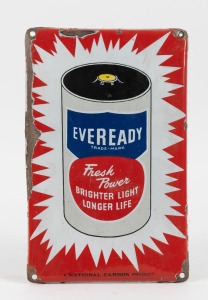 "EVEREADY - FRESH POWER - BRIGHT ON LIGHT, LONG ON LIFE" vintage enamel advertising sign with convex front, 34 x 22cm.