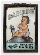"BABULINE - BUILDS HEALTHY BABIES" vintage reverse glass lithograph advertising mirror, 40 x 29.5cm overall.