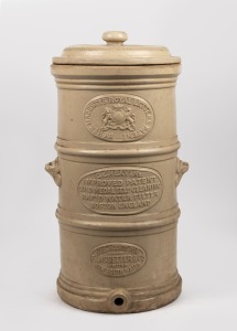 G. CHEAVING'S IMPROVED PATENT GOLD MEDAL SELF CLEANING RAPID WATER FILTER antique pottery water filter with badge "F. LASSETTER & Co., NEW SOUTH WALES, SOLE AGENTS", 19th century, 71cm high.