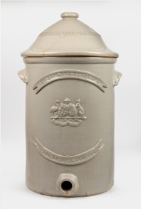 NEW ZEALAND STONE Co. LMD. SOUTH MELBOURNE antique Australian eight gallon pottery water filter with Australian coat of arms, 19th century, 70cm high.