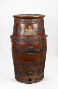 LIPSCOMBE & Co. fine quality antique English stoneware water keg with sprig moulded decoration and English coat of arms, 19th century, an impressive 84cm high, 46cm across the handles.