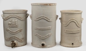Three antique Australian pottery water filters, (missing lids), 19th/20th century, A/F, the largest 51cm high.