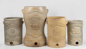 Four assorted antique Australian pottery water filters, (no lids), 19th/20th century, A/F, the largest 50cm high.