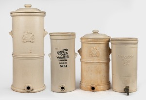 Four assorted antique English pottery water filters, (two with missing lids), 19th/20th century, A/F, the largest 65cm high.