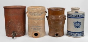 Four assorted antique English and Continental pottery water filters, (no lids), 19th/20th century, A/F, ​​​​​​ the largest 32cm high.