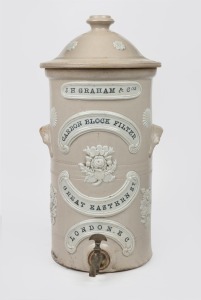 J. H. GRAHAM & Co., CARBON BLOCK FILTER, GREAT EASTERN ST., LONDON E.C. antique English pottery water filter with sprig moulded floral decoration, 19th century, 43cm high.