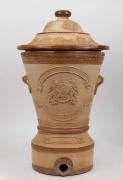 DOULTON & WATTS'S antique English stoneware water filter with sprig moulded vine decoration and coat of arms, 19th century, ​​​​​​​62cm high.