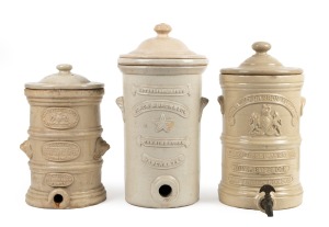 Three antique English stoneware water filters, 19th/20th century, A/F, the largest 45cm high.