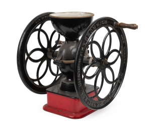 An antique English bench mount No.3 cast iron coffee grinder, 19th century, 43cm high.