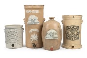 Three assorted antique pottery water filters and a pottery keg, 19th century, (4 items), the largest 53cm high.