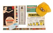 Vintage advertising material, matchbox labels, thermometer, cap and song book, 20th century, (qty).