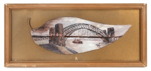 SYDNEY HARBOUR BRIDGE hand-painted folk art gum leaf in gilt frame, circa 1932, 13 x 30cm overall.
