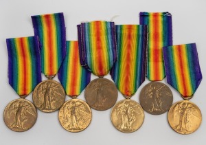 BRITISH: World War One Victory Medals impressed to SJT A.H. RANSOME of the Coldsteram Guards, PTE. J.R.G. BARRETT of the 7th Hussars, PTE. A. CRUMBIE of the 10th Hussars, PTE. M. DEVINE of Lovat's Scouts, PTE. P. ROWSON of the South Notts Hussars, PTE. A.