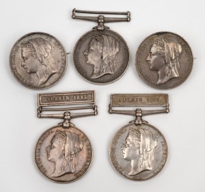 THE EGYPT MEDAL: Two undated examples, and three dated 1882; two with "SUAKIN 1885" clasps; two converted to badges with pin fittings. All with legible impressed or engraved names, including a 1st Class Boy on HMS Cygnet and a Captain from HMS Orion. (Tot