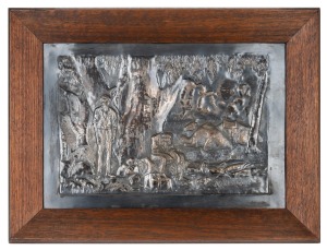 [BURKE & WILLS INTEREST] Arrival of Burke, Wills and King at the deserted camp at Cooper's Creek, Sunday evening, 21st April 1861, antique silver plated copper repousse panel after the original painting by JOHN LONGSTAFF, housed in a Tasmanian oak frame, 19th/20th century, ​​​​​​​23 x 33cm, 31 x 41cm overall.