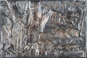 [BURKE & WILLS INTEREST] Arrival of Burke, Wills and King at the deserted camp at Cooper's Creek, Sunday evening, 21st April 1861, antique silver plated copper repousse panel after the original painting by JOHN LONGSTAFF, housed in a Tasmanian oak frame, - 2