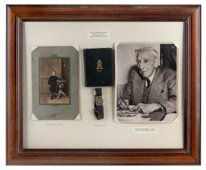 BILLY HUGHES (7th Australian Prime Minister) framed display featuring an original albumen black and white photograph captioned W.M.H. aged 5yrs in 1867, a 1941 personal diary, his wristwatch and a black and white photograph dated 1952 on the occasion of h