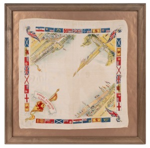 EMPIRE EXHIBITION GLASGOW framed 1938 souvenir silver handkerchief, ​​​​​​​34 x 34cm, 44 x 44cm overall.