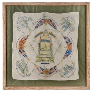 EDWARD VIII framed Coronation souvenir silk handkerchief, note with the original date erased, ​​​​​​​40 x 40cm, 53 x 53cm overall.