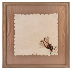 "LYRE BIRD, MELBOURNE CENTENARY 1934/35" framed silk handkerchief, ​​​​​​​28 x 28cm, 44 x 44cm overall.
