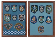 Australian Law Enforcement shoulder patches, displayed in two frames, 20th century, ​​​​​​​44 x 33cm each overall.