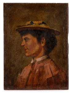 ARTIST UNKNOWN, (profile portrait of a lady), oil on canvas laid down on board, (no frame), ​​​​​​​45 x 34cm overall.