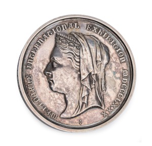 MELBOURNE INTERNATIONAL EXHIBITION 1880: sterling silver prize medal by Stokes (51mm, 93g), awarded to J.B. FENBY & CO. BIRMINGHAM, for their display of CAMP FURNITURE. Superb condition.