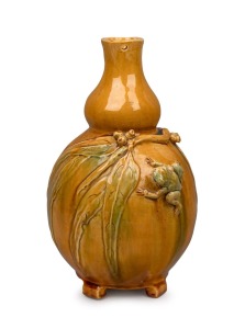MARY MacDONALD (Harvey School) yellow and green glazed pottery table lamp base with applied frog, gumnuts and leaves, incised "M. MacDonald, Q.", 31cm high.