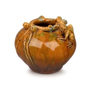 MARY MacDONALD (Harvey School) yellow and green glazed pottery vase with applied frog, gumnuts and leaves, incised "M. MacDonald, Q.", 11.5cm high.