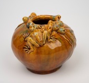 MARY MacDONALD (Harvey School) yellow and green glazed pottery vase with applied frog, gumnuts and leaves, incised "M. MacDonald, Q.", 11.5cm high. - 2